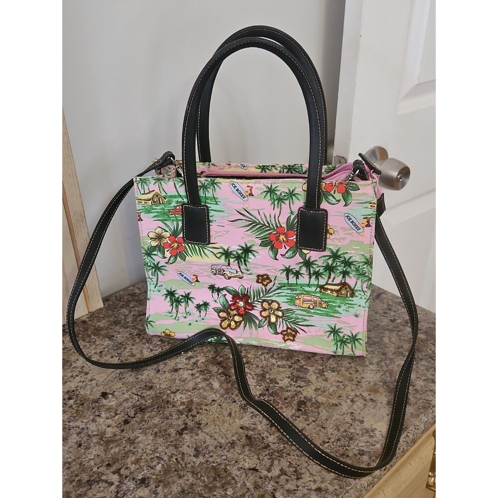 Vintage Y2K Joe Boxer Hawaiian Beaded Canvas Handbag Purse Pink Tropical Print